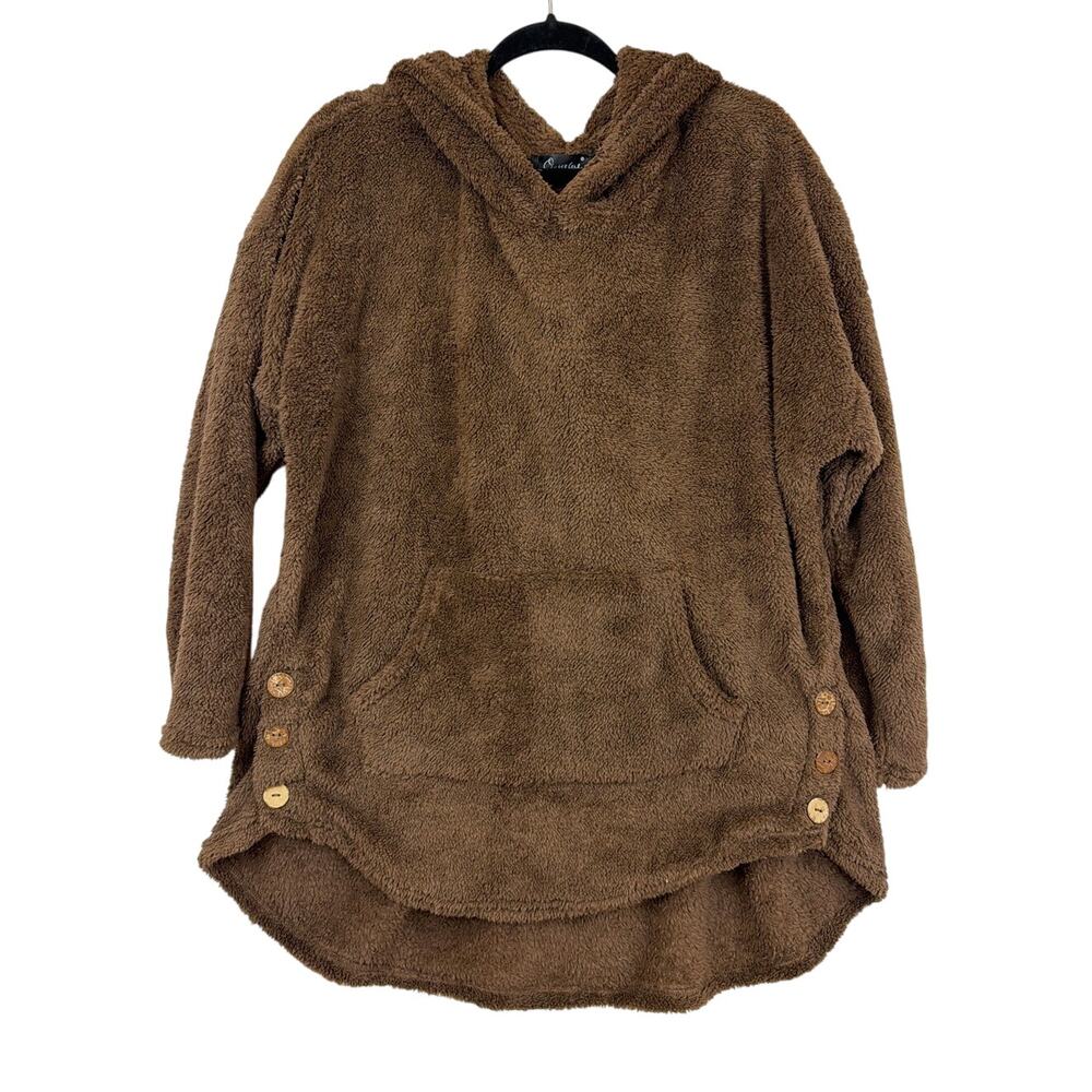 NOneine New Elegance Brown Hooded Fleece Jacket Kangaroo Pocket Side Buttons XL